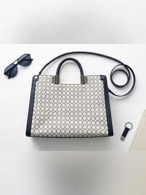 Ivanka Trump Monogram Satchel Bag Black Cream Structured Shoulder Tote Purse